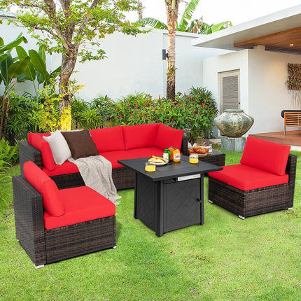 7 Pieces Patio Furniture Set with 28 Inches 50000 BTU Propane Gas Fire Pit Table-Red - Red - Patio Furniture Sets