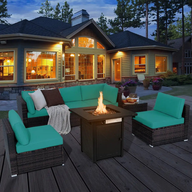 7 Pieces Patio Furniture Set with 28 Inches 50000 BTU Propane Gas Fire Pit Table-Turquoise - Turquoise - Patio