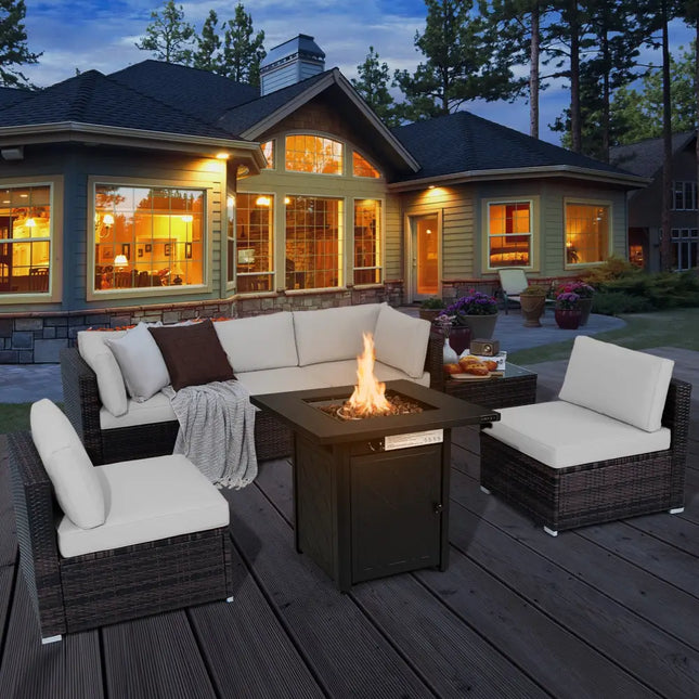 7 Pieces Patio Furniture Set with 28 Inches 50000 BTU Propane Gas Fire Pit Table-White - White - Patio Furniture Sets