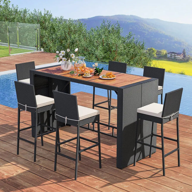 7 Pieces Patio Rattan Bar Set with Seat Cushions for Porch Yard Garden - Patio Bar Furniture