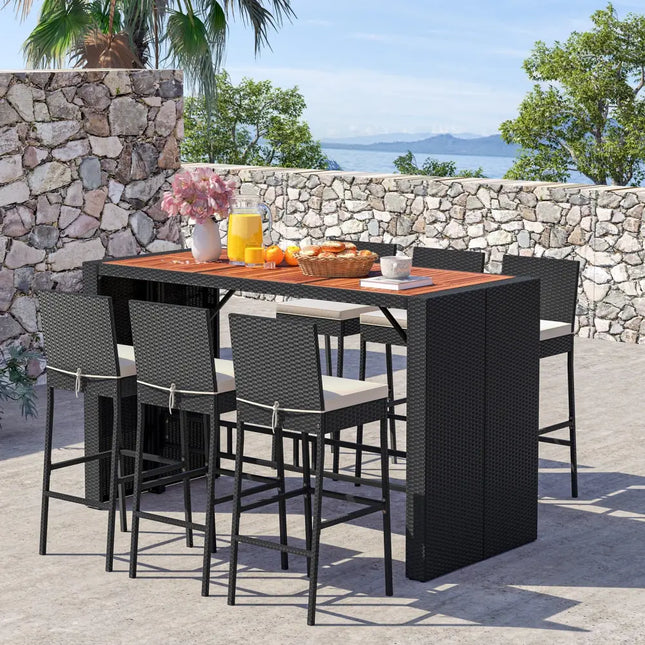 7 Pieces Patio Rattan Bar Set with Seat Cushions for Porch Yard Garden - Patio Bar Furniture