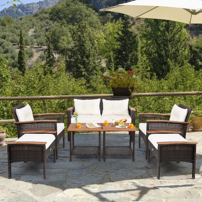 7 Pieces Patio Rattan Cushioned Conversation Furniture Set - Beige - Patio Conversation Sets