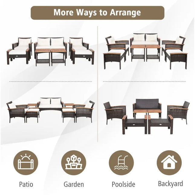 7 Pieces Patio Rattan Cushioned Conversation Furniture Set - Beige - Patio Conversation Sets
