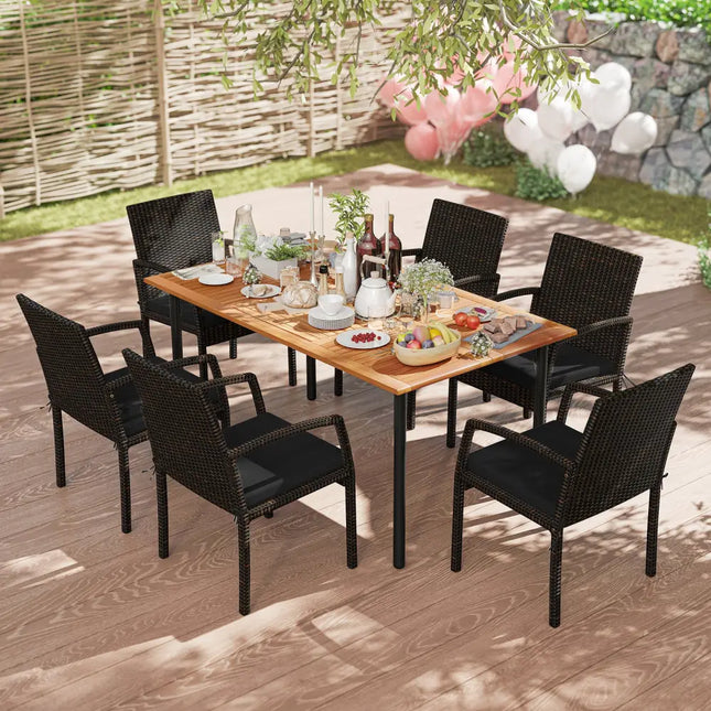 7 Pieces Patio Rattan Cushioned Dining Set with Umbrella Hole-Black - Black - Patio Dining Sets