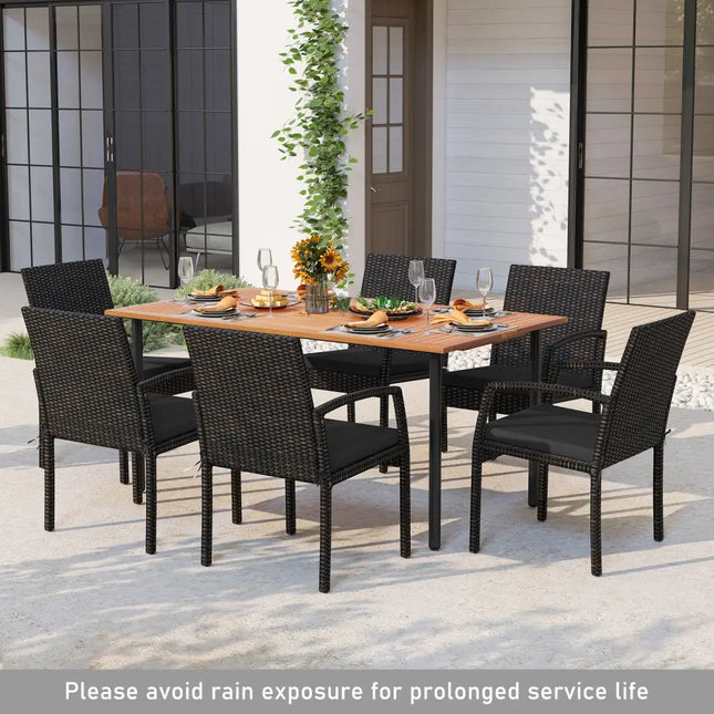 7 Pieces Patio Rattan Cushioned Dining Set with Umbrella Hole-Black - Black - Patio Dining Sets