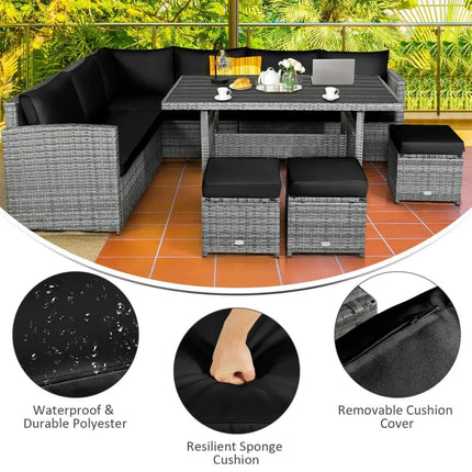 7 Pieces Patio Rattan Dining Furniture Sectional Sofa Set with Wicker Ottoman-Black - Black - Outdoor Sectionals