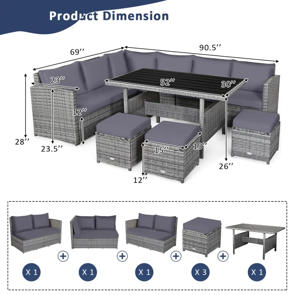 7 Pieces Patio Rattan Dining Furniture Sectional Sofa Set with Wicker Ottoman-Gray - Gray - Outdoor Sectionals