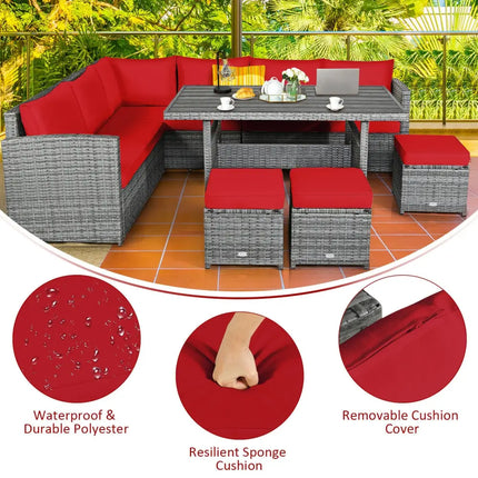7 Pieces Patio Rattan Dining Furniture Sectional Sofa Set with Wicker Ottoman-Red - Red - Outdoor Sectionals