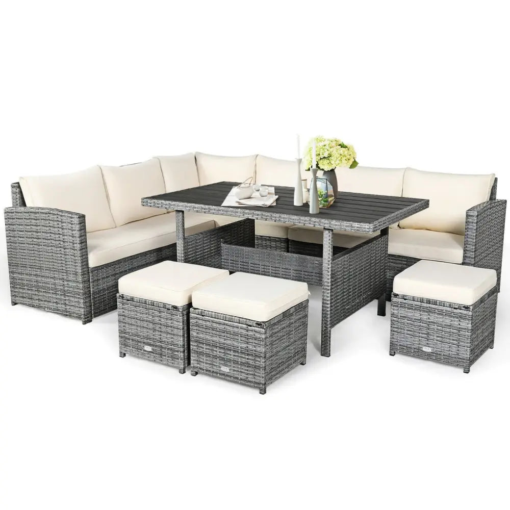 7 Pieces Patio Rattan Dining Furniture Sectional Sofa Set with Wicker Ottoman-Beige - Beige - Outdoor Sectionals