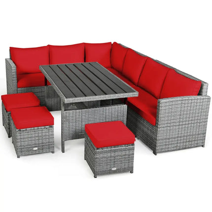 7 Pieces Patio Rattan Dining Furniture Sectional Sofa Set with Wicker Ottoman-Red - Red - Outdoor Sectionals