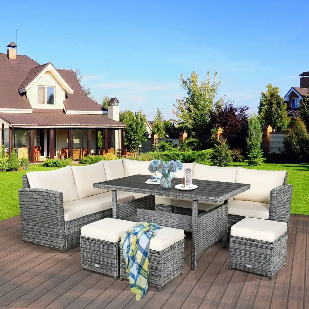 7 Pieces Patio Rattan Dining Furniture Sectional Sofa Set with Wicker Ottoman-Beige - Beige - Outdoor Sectionals