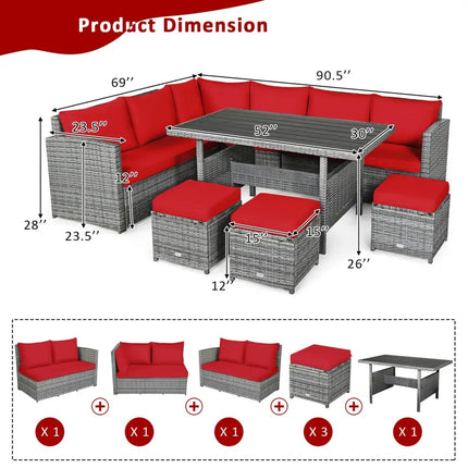 7 Pieces Patio Rattan Dining Furniture Sectional Sofa Set with Wicker Ottoman-Red - Red - Outdoor Sectionals