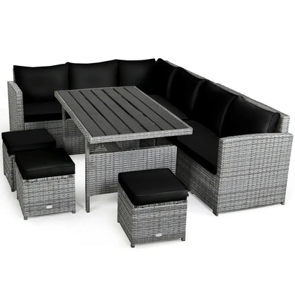 7 Pieces Patio Rattan Dining Furniture Sectional Sofa Set with Wicker Ottoman-Black - Black - Outdoor Sectionals