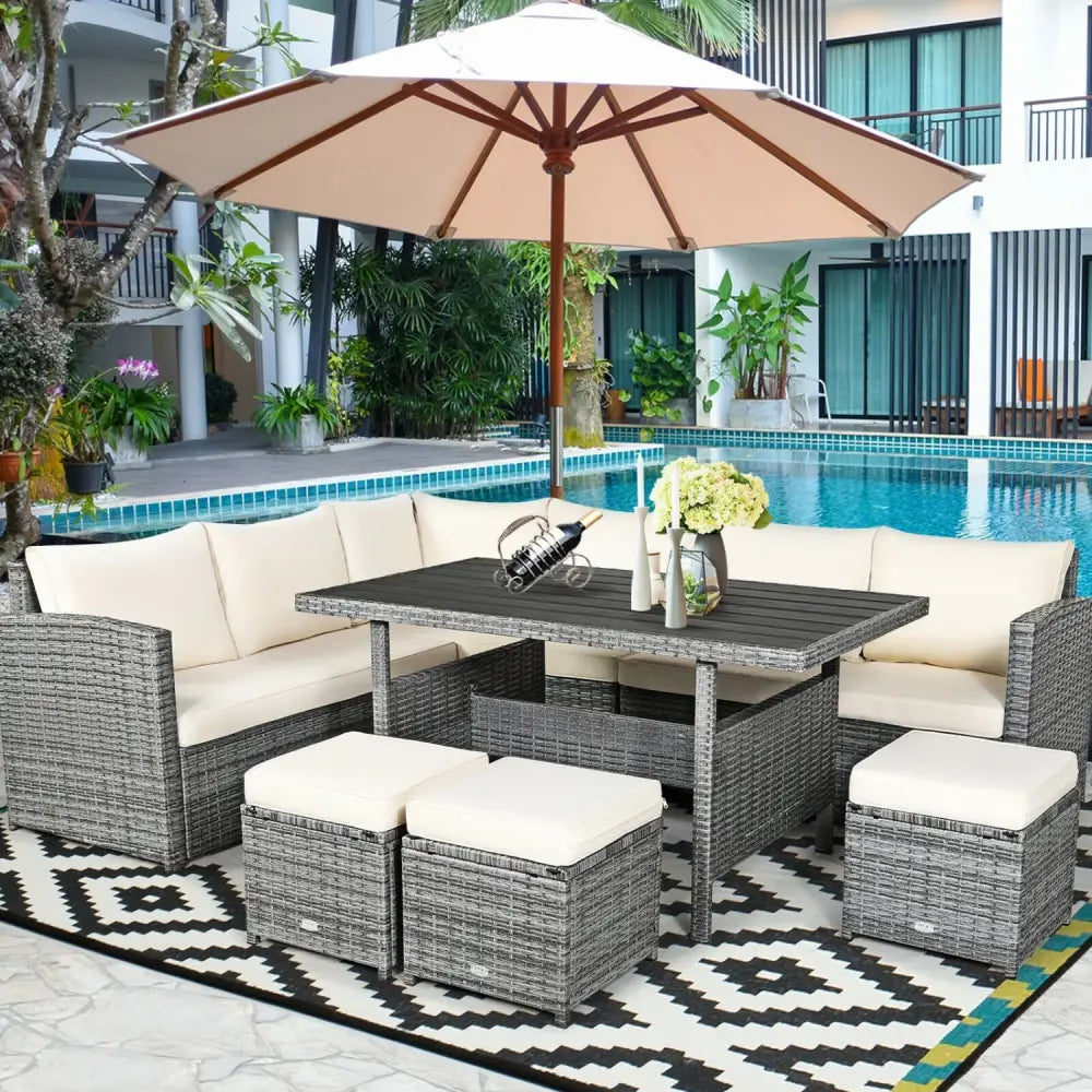 7 Pieces Patio Rattan Dining Furniture Sectional Sofa Set with Wicker Ottoman-Beige - Beige - Outdoor Sectionals