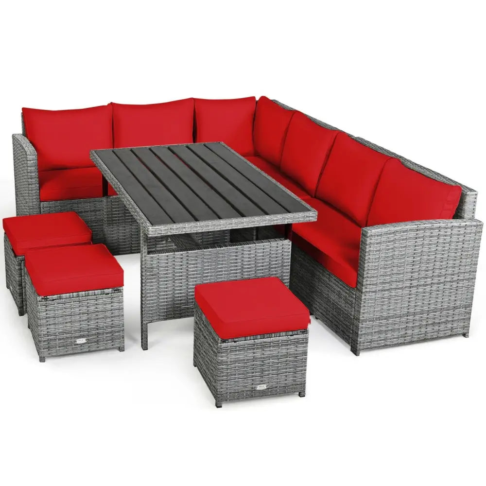 7 Pieces Patio Rattan Dining Furniture Sectional Sofa Set with Wicker Ottoman-Red - Red - Outdoor Sectionals