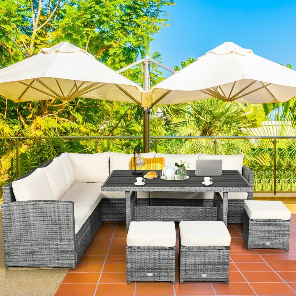 7 Pieces Patio Rattan Dining Furniture Sectional Sofa Set with Wicker Ottoman-Beige - Beige - Outdoor Sectionals