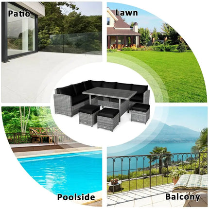 7 Pieces Patio Rattan Dining Furniture Sectional Sofa Set with Wicker Ottoman-Black - Black - Outdoor Sectionals