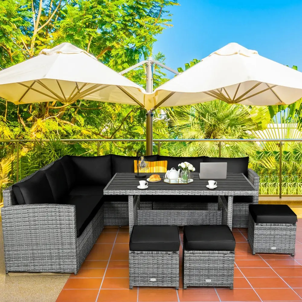 7 Pieces Patio Rattan Dining Furniture Sectional Sofa Set with Wicker Ottoman-Black - Black - Outdoor Sectionals