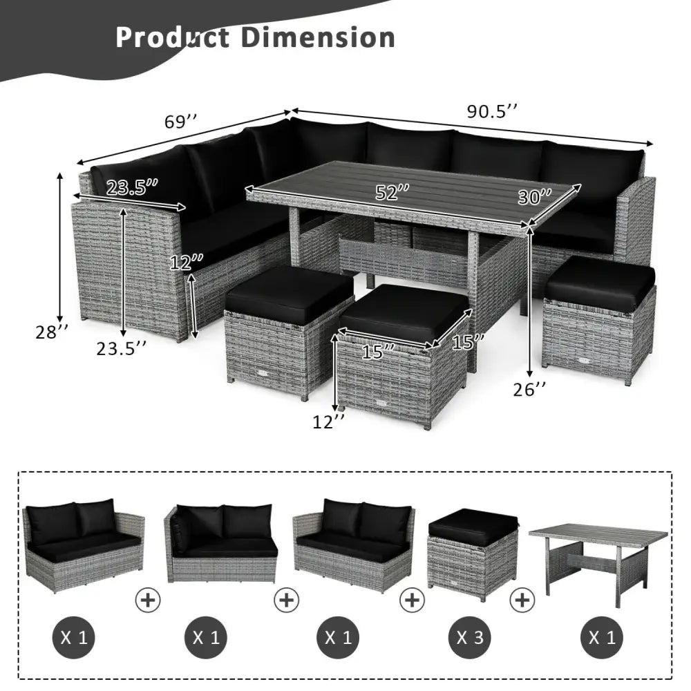 7 Pieces Patio Rattan Dining Furniture Sectional Sofa Set with Wicker Ottoman-Black - Black - Outdoor Sectionals