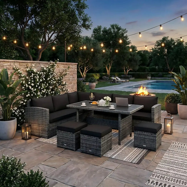 7 Pieces Patio Rattan Dining Furniture Sectional Sofa Set with Wicker Ottoman-Black - Black - Outdoor Sectionals