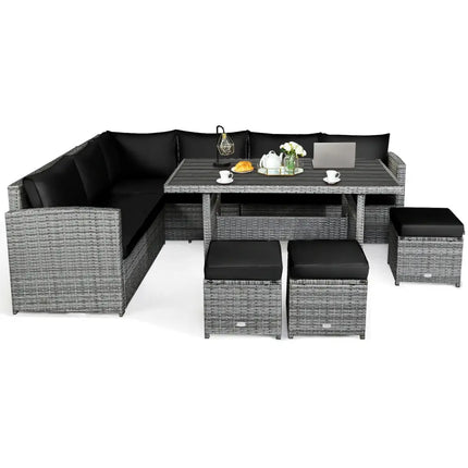 7 Pieces Patio Rattan Dining Furniture Sectional Sofa Set with Wicker Ottoman-Black - Black - Outdoor Sectionals