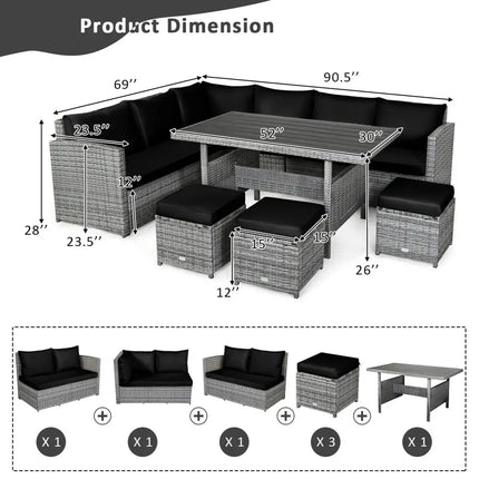 7 Pieces Patio Rattan Dining Furniture Sectional Sofa Set with Wicker Ottoman-Black - Black - Outdoor Sectionals