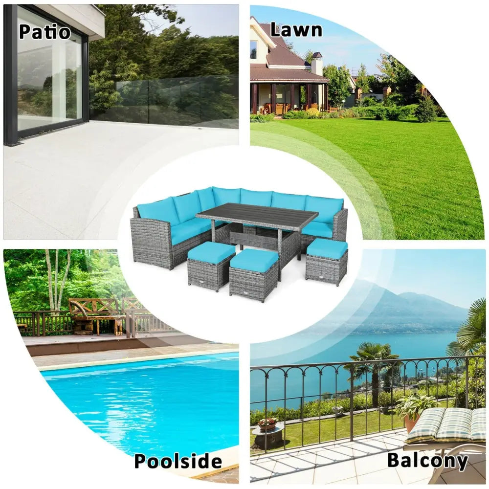 7 Pieces Patio Rattan Dining Furniture Sectional Sofa Set with Wicker Ottoman-Turquoise - Turquoise - Outdoor Sectionals