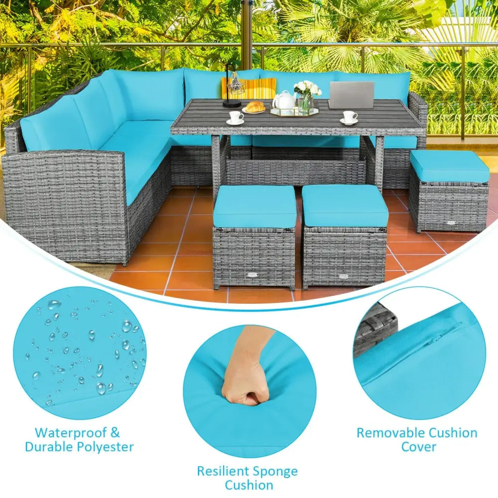 7 Pieces Patio Rattan Dining Furniture Sectional Sofa Set with Wicker Ottoman-Turquoise - Turquoise - Outdoor Sectionals