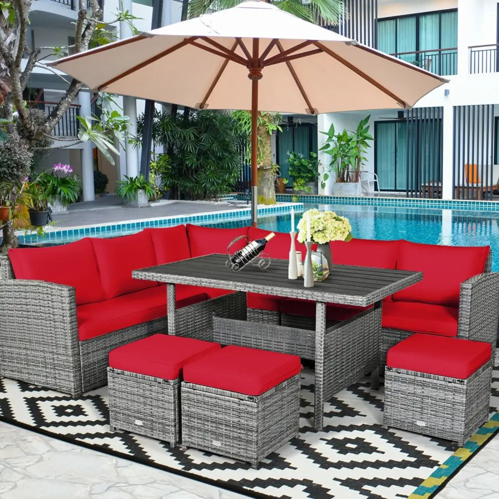 7 Pieces Patio Rattan Dining Furniture Sectional Sofa Set with Wicker Ottoman-Red - Red - Outdoor Sectionals