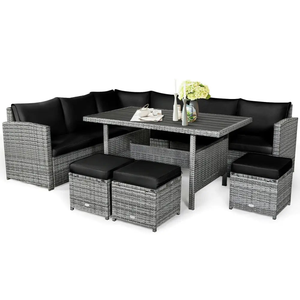 7 Pieces Patio Rattan Dining Furniture Sectional Sofa Set with Wicker Ottoman-Black - Black - Outdoor Sectionals