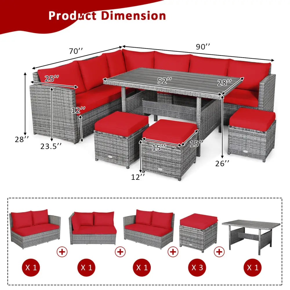 7 Pieces Patio Rattan Dining Furniture Sectional Sofa Set with Wicker Ottoman-Red - Red - Outdoor Sectionals