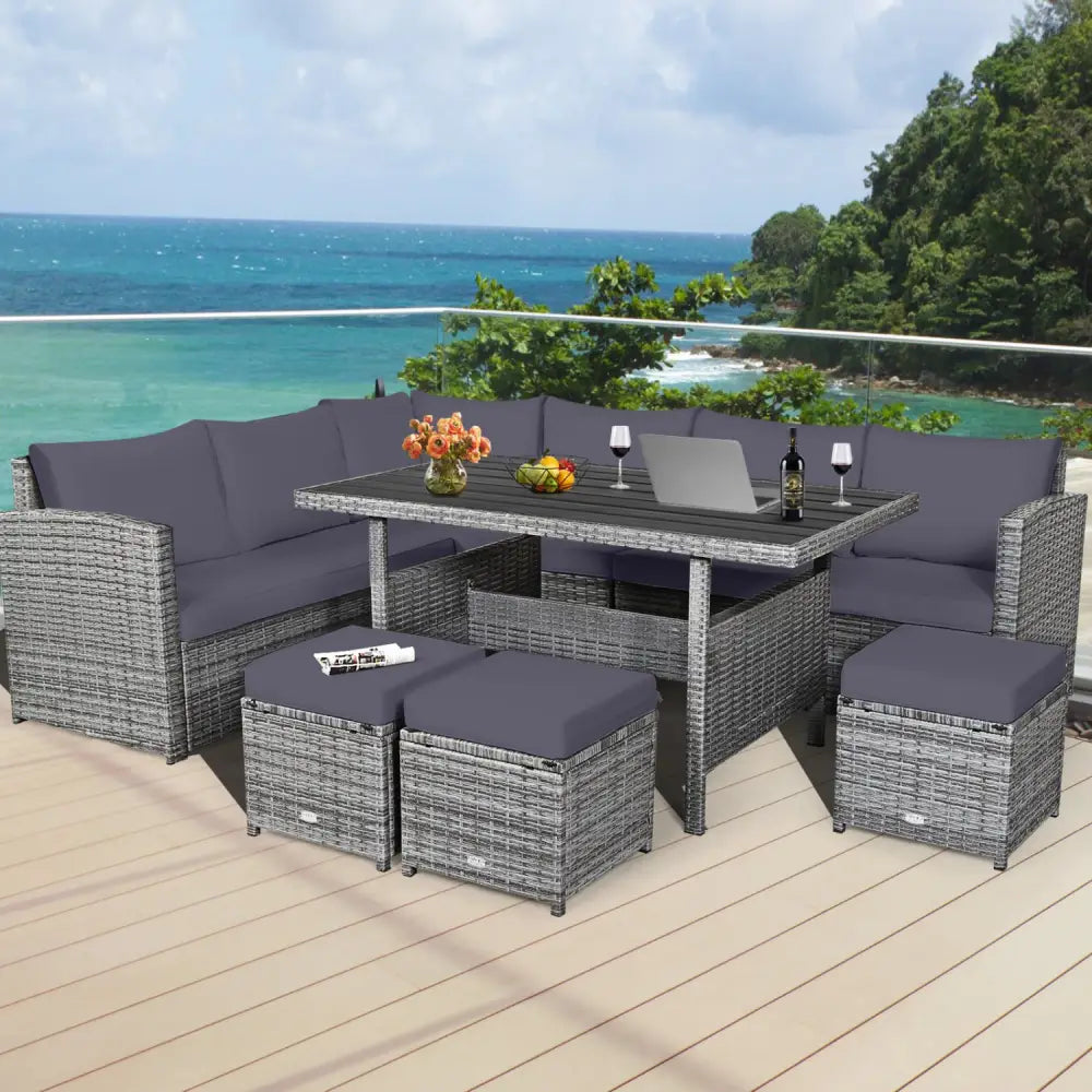 7 Pieces Patio Rattan Dining Furniture Sectional Sofa Set with Wicker Ottoman-Gray - Gray - Outdoor Sectionals
