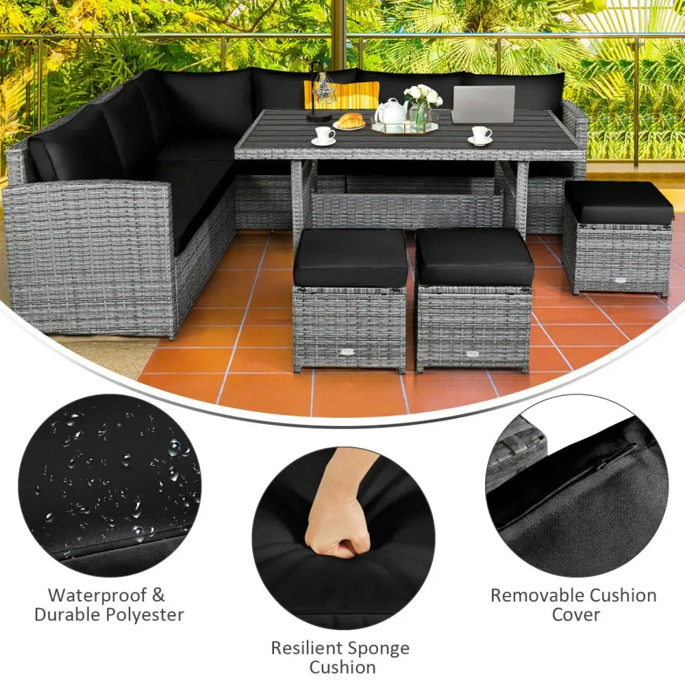 7 Pieces Patio Rattan Dining Furniture Sectional Sofa Set with Wicker Ottoman-Black - Black - Outdoor Sectionals