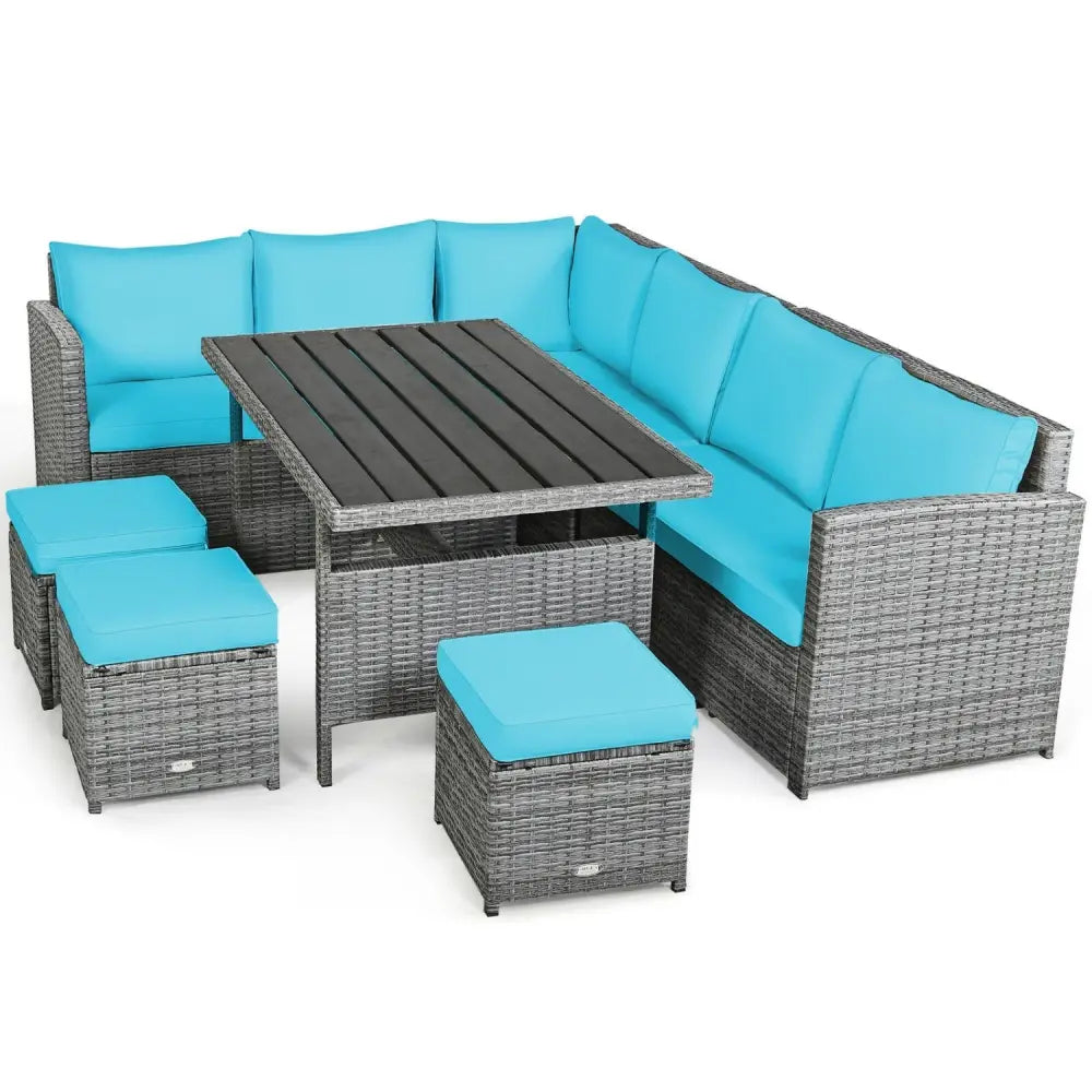 7 Pieces Patio Rattan Dining Furniture Sectional Sofa Set with Wicker Ottoman-Turquoise - Turquoise - Outdoor Sectionals