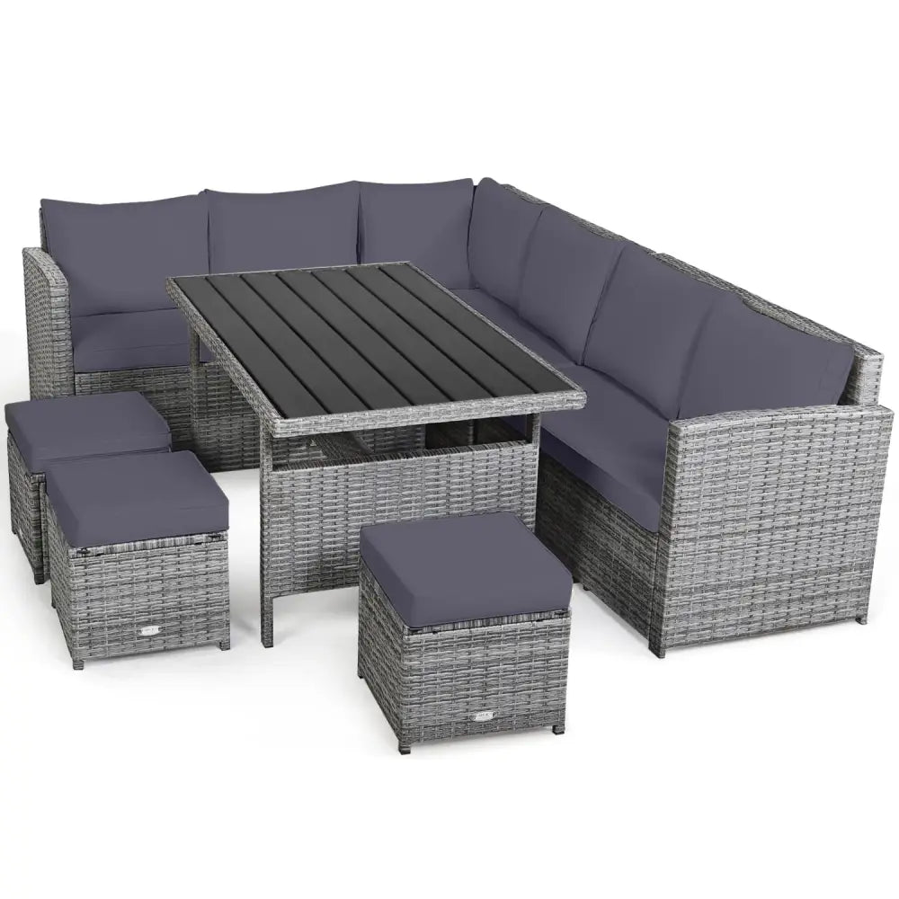 7 Pieces Patio Rattan Dining Furniture Sectional Sofa Set with Wicker Ottoman-Gray - Gray - Outdoor Sectionals