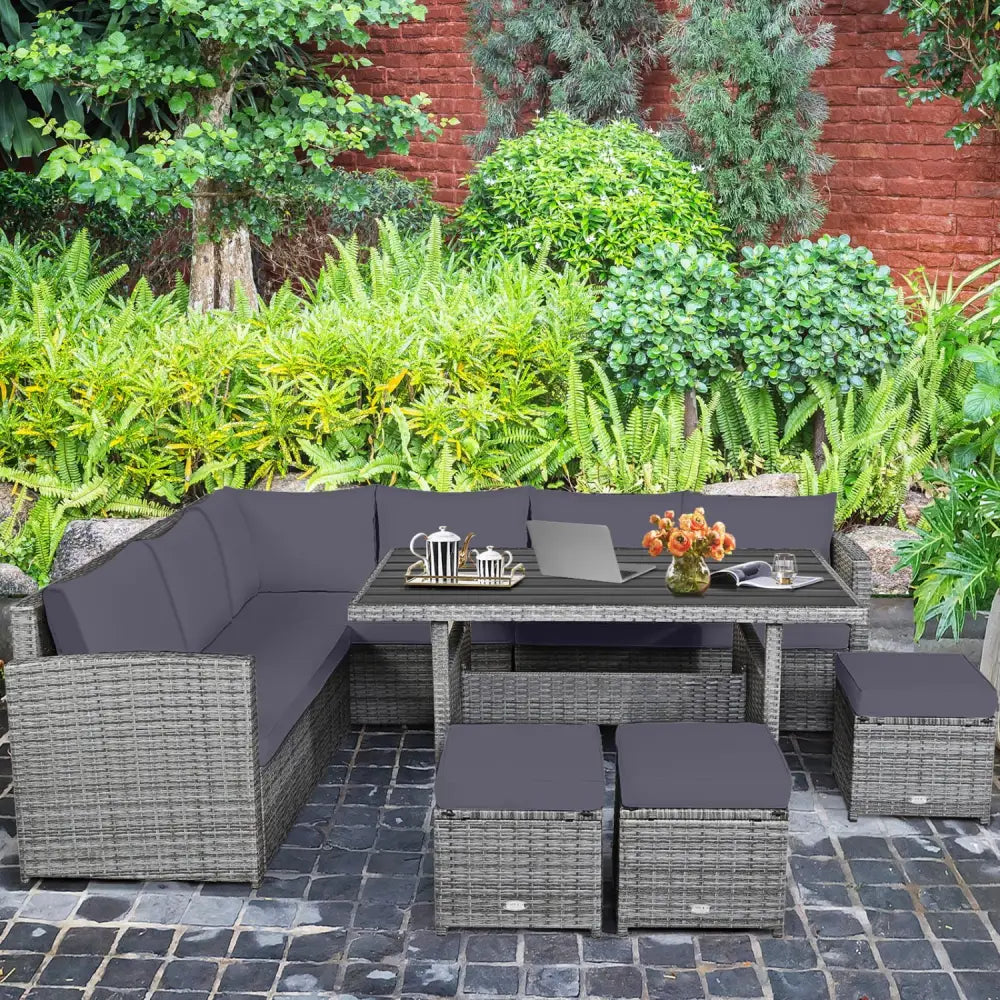 7 Pieces Patio Rattan Dining Furniture Sectional Sofa Set with Wicker Ottoman-Gray - Gray - Outdoor Sectionals
