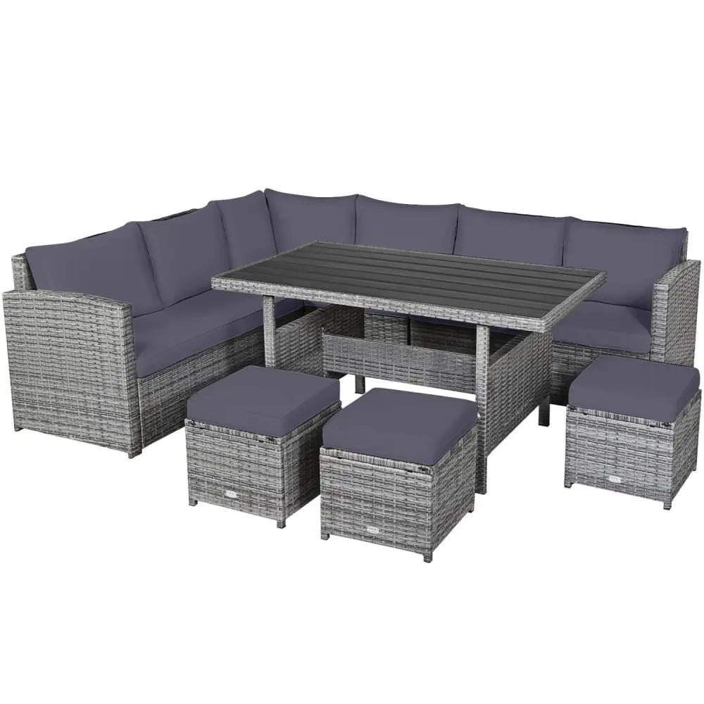 7 Pieces Patio Rattan Dining Furniture Sectional Sofa Set with Wicker Ottoman-Gray - Gray - Outdoor Sectionals