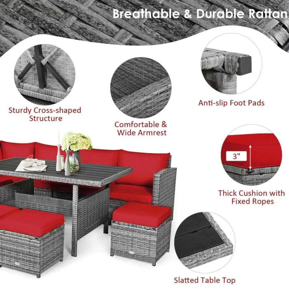 7 Pieces Patio Rattan Dining Furniture Sectional Sofa Set with Wicker Ottoman-Red - Red - Outdoor Sectionals