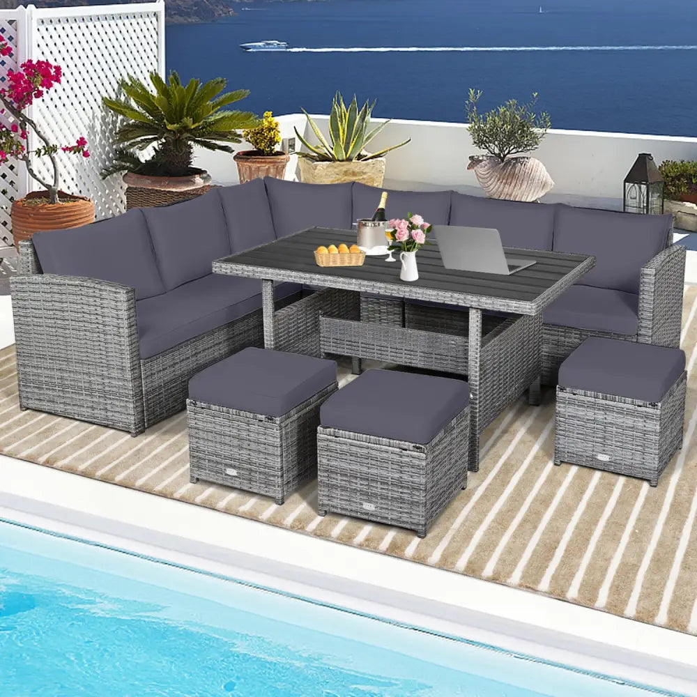 7 Pieces Patio Rattan Dining Furniture Sectional Sofa Set with Wicker Ottoman-Gray - Gray - Outdoor Sectionals