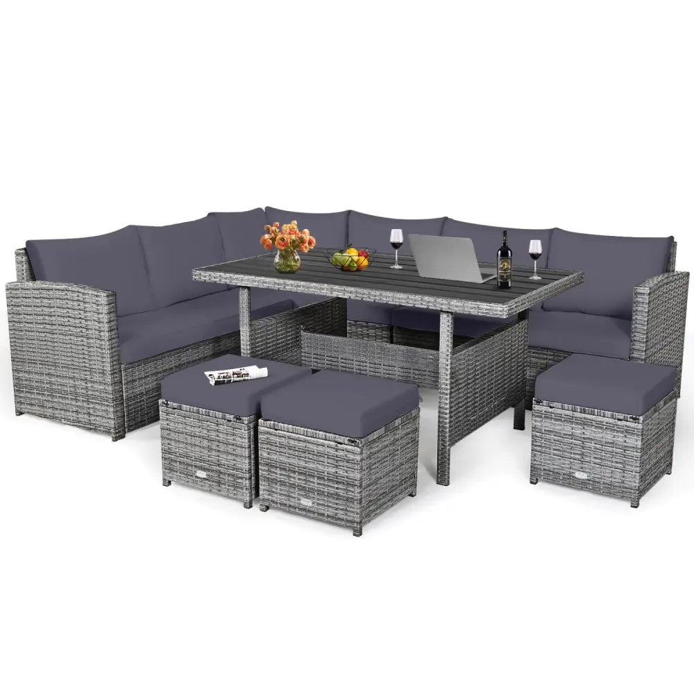7 Pieces Patio Rattan Dining Furniture Sectional Sofa Set with Wicker Ottoman-Gray - Gray - Outdoor Sectionals
