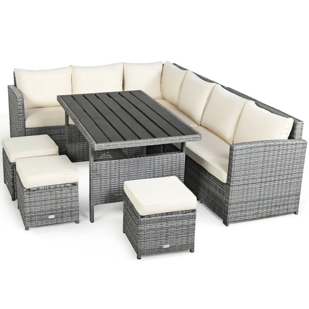 7 Pieces Patio Rattan Dining Furniture Sectional Sofa Set with Wicker Ottoman-Beige - Beige - Outdoor Sectionals