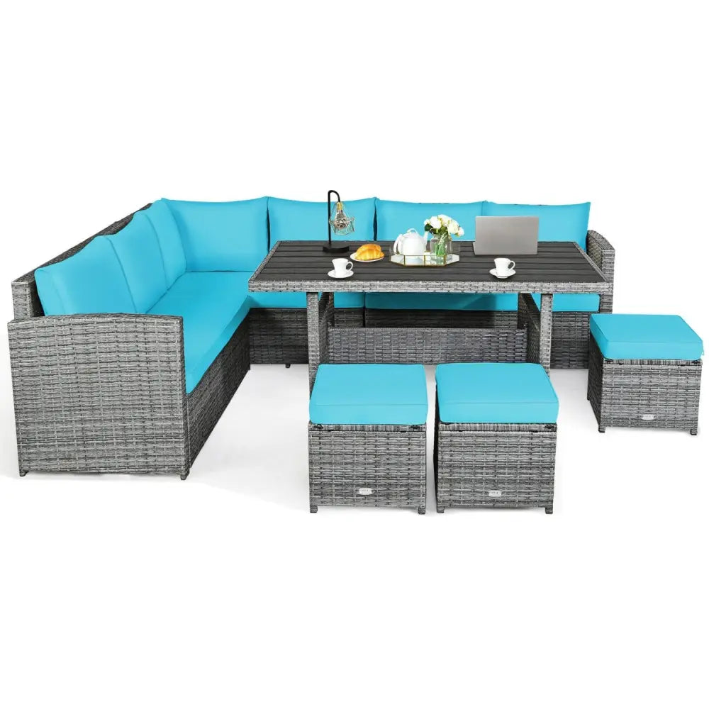 7 Pieces Patio Rattan Dining Furniture Sectional Sofa Set with Wicker Ottoman-Turquoise - Turquoise - Outdoor Sectionals