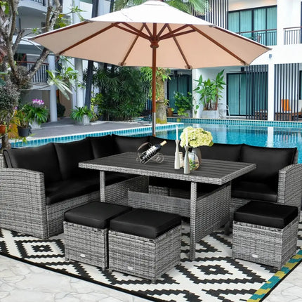 7 Pieces Patio Rattan Dining Furniture Sectional Sofa Set with Wicker Ottoman-Black - Black - Outdoor Sectionals