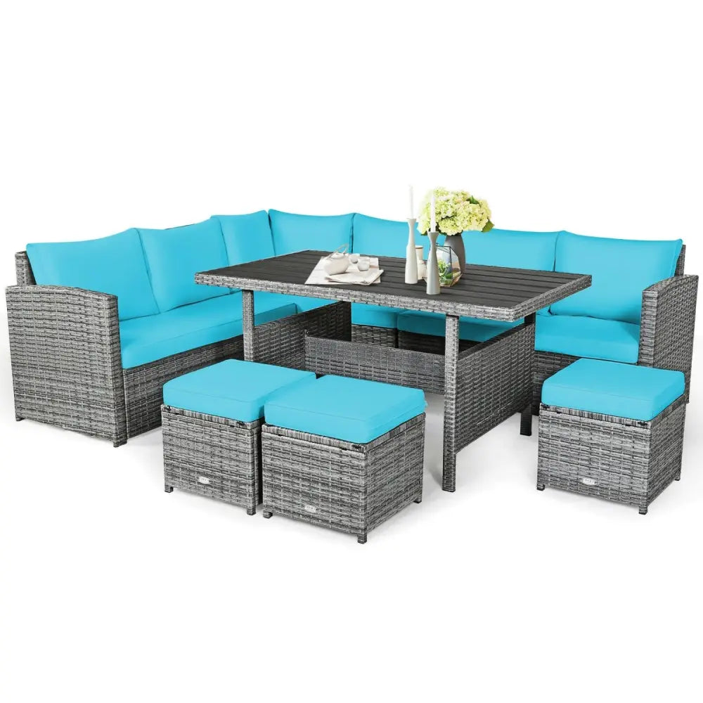 7 Pieces Patio Rattan Dining Furniture Sectional Sofa Set with Wicker Ottoman-Turquoise - Turquoise - Outdoor Sectionals
