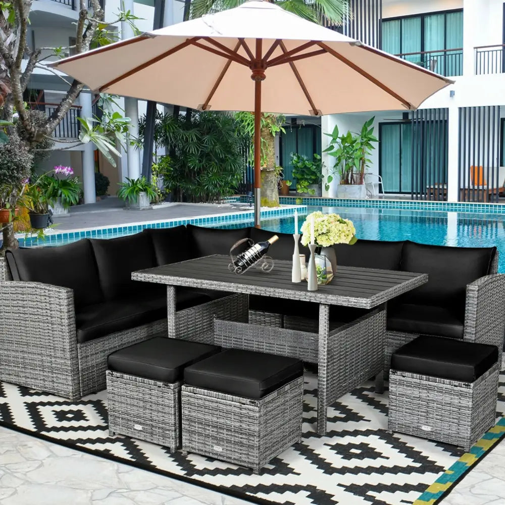 7 Pieces Patio Rattan Dining Furniture Sectional Sofa Set with Wicker Ottoman-Black - Black - Outdoor Sectionals