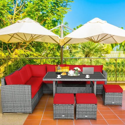 7 Pieces Patio Rattan Dining Furniture Sectional Sofa Set with Wicker Ottoman-Red - Red - Outdoor Sectionals