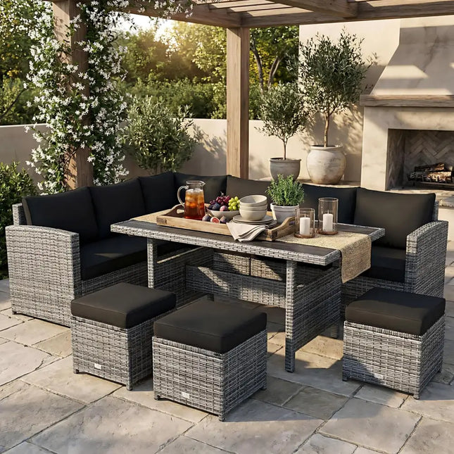7 Pieces Patio Rattan Dining Furniture Sectional Sofa Set with Wicker Ottoman-Black - Black - Outdoor Sectionals