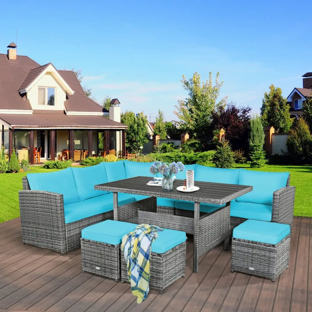 7 Pieces Patio Rattan Dining Furniture Sectional Sofa Set with Wicker Ottoman-Turquoise - Turquoise - Outdoor Sectionals