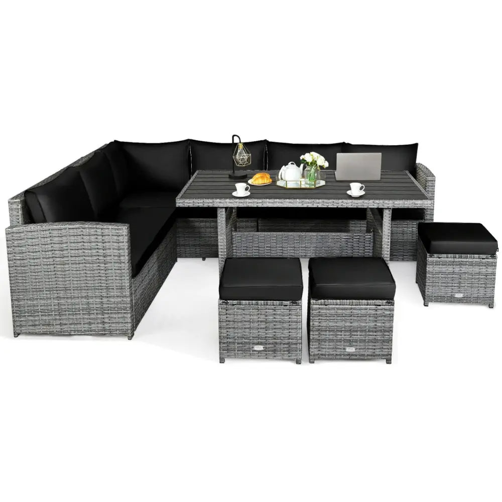 7 Pieces Patio Rattan Dining Furniture Sectional Sofa Set with Wicker Ottoman-Black - Black - Outdoor Sectionals