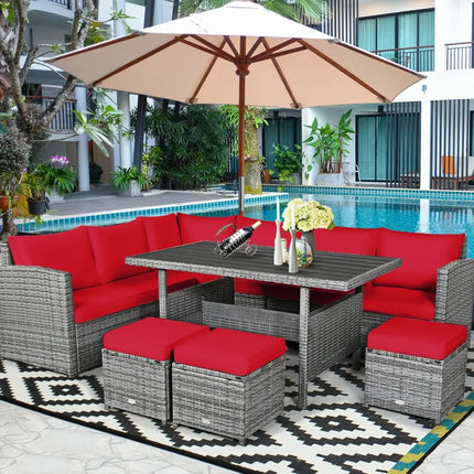 7 Pieces Patio Rattan Dining Furniture Sectional Sofa Set with Wicker Ottoman-Red - Red - Outdoor Sectionals